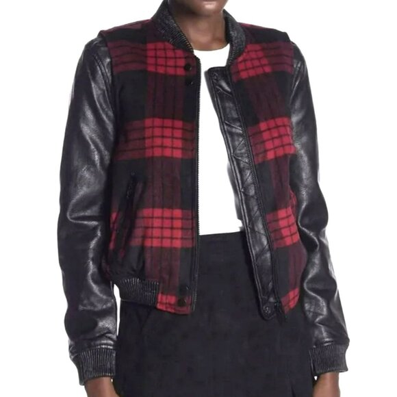 Blank NYC Plaid Bomber Jacket Faux Leather Sleeves Small NEW - Picture 1 of 5